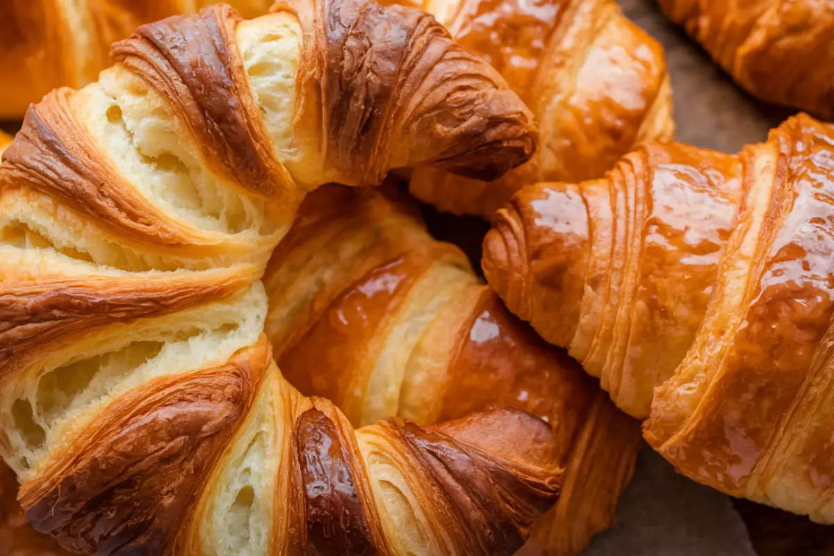 Close-up of golden, flaky French croissants with a glossy finish