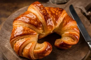 Golden-brown French croissant with a glossy finish placed on a rustic wooden board next to a knife