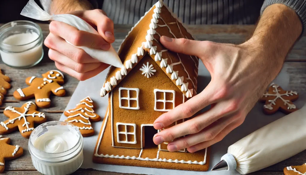 Hands assembling the walls of a gingerbread house, applying thick royal icing along the edges. The gingerbread pieces are being held together carefully