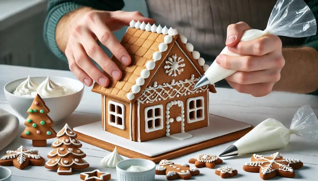 Hands assembling the walls of a gingerbread house using thick royal icing as glue. The pieces are held together with icing being piped along the edges