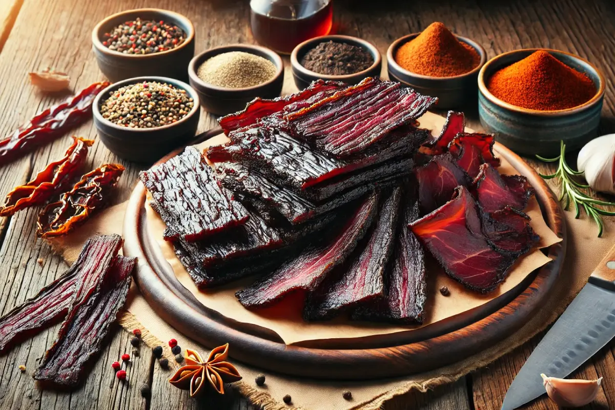 Homemade beef jerky strips on a wooden cutting board with bowls of ingredients like soy sauce, Worcestershire sauce, garlic powder, and pepper in a rustic kitchen setting.