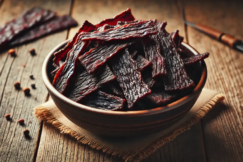 A bowl filled with neatly stacked strips of dark, glossy homemade beef jerky, placed on a rustic wooden surface with soft natural lighting highlighting the rich texture of the jerky.