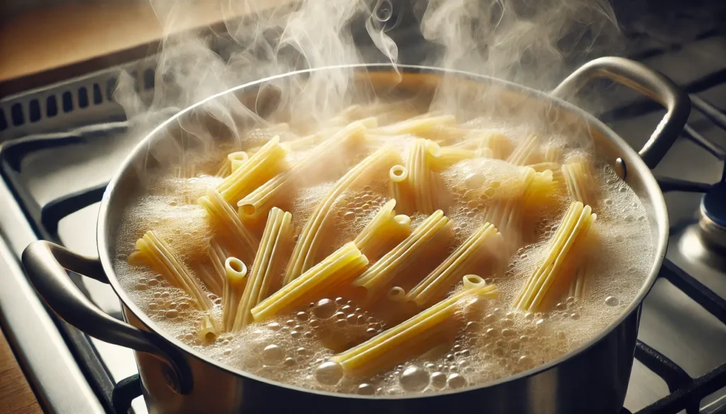 Bucatini pasta boiling in a pot of water with steam rising, showing the thick pasta strands softening in the bubbling water.