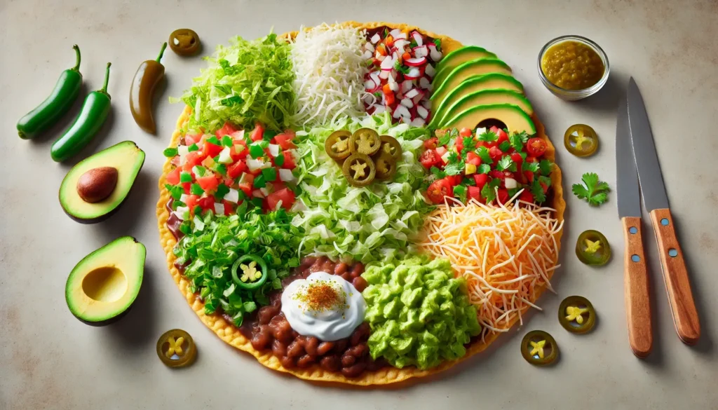 An assortment of huarache toppings, including shredded lettuce, sour cream, jalapeños, pico de gallo, avocado slices, and cheese, arranged next to a plain masa huarache base.