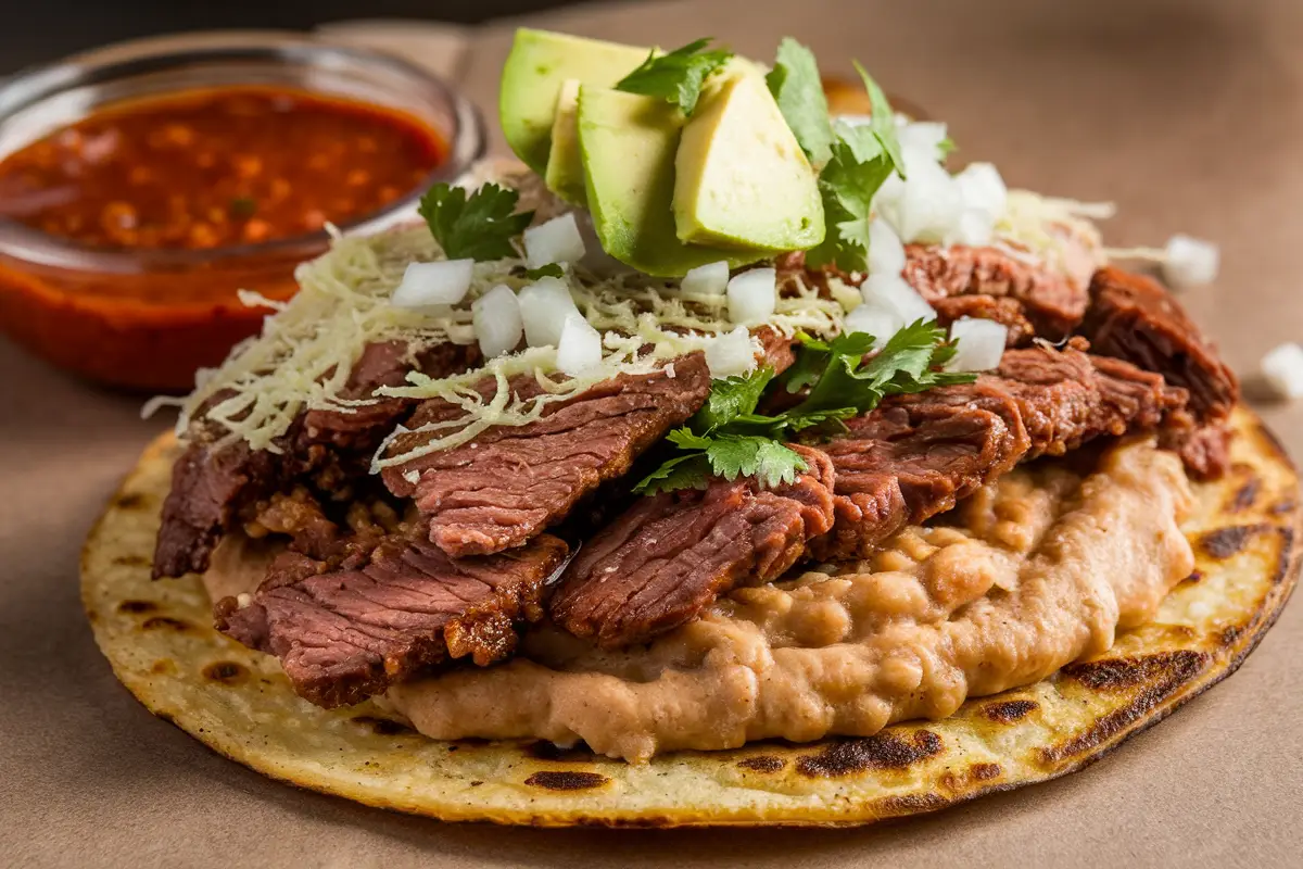 Close-up of a Mexican huarache topped with carne asada, avocado slices, onions, cilantro, shredded cheese, and refried beans, served with a side of salsa.