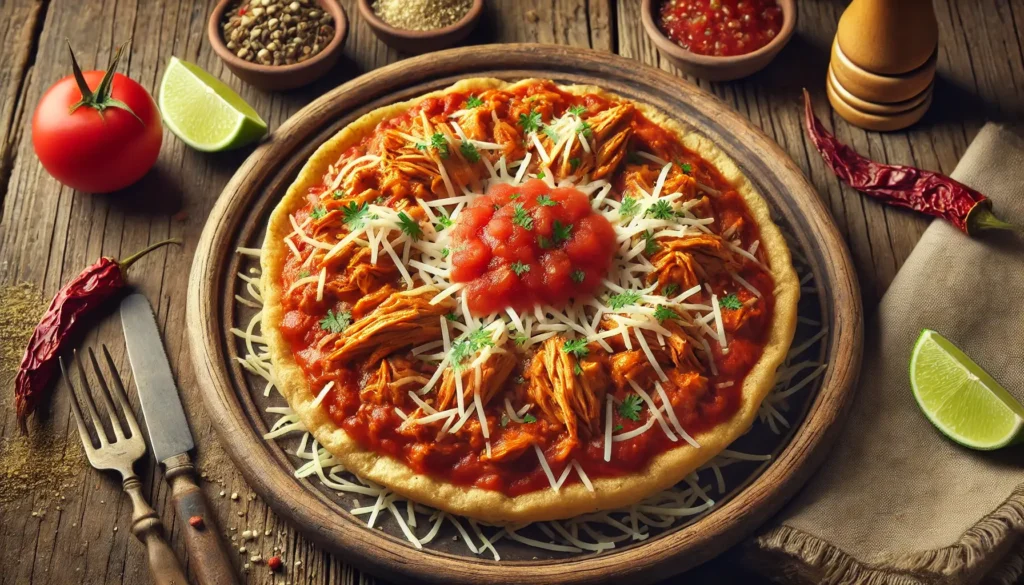 A Central Mexican huarache topped with tinga de pollo, shredded chicken in tomato sauce, garnished with cheese and salsa, served on a rustic plate.