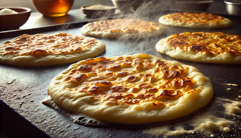 Huaraches cooking on a hot griddle, lightly browned and puffed up with a golden, crispy exterior.