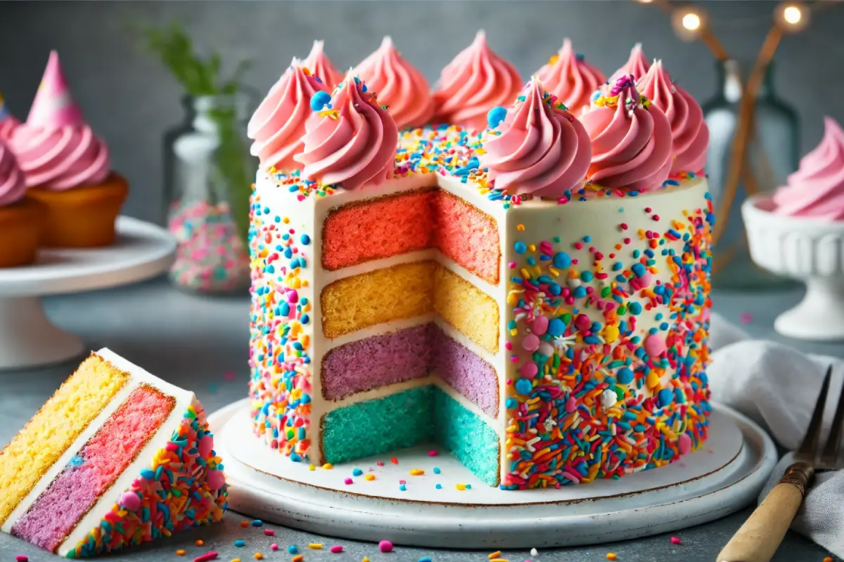 A colorful birthday cake with frosting and sprinkles, with a slice placed in front to show its layers, on a white cake stand.