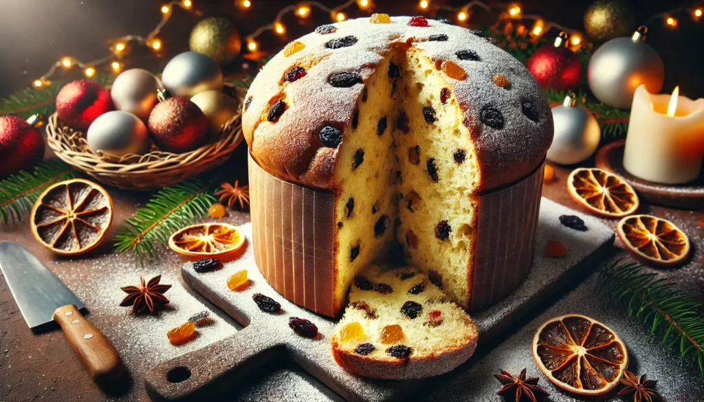 A close-up of a sliced Italian Panettone on a rustic wooden board, revealing its light, fluffy interior with candied fruits and raisins. The cake is dusted with powdered sugar and surrounded by festive holiday decorations and lights.