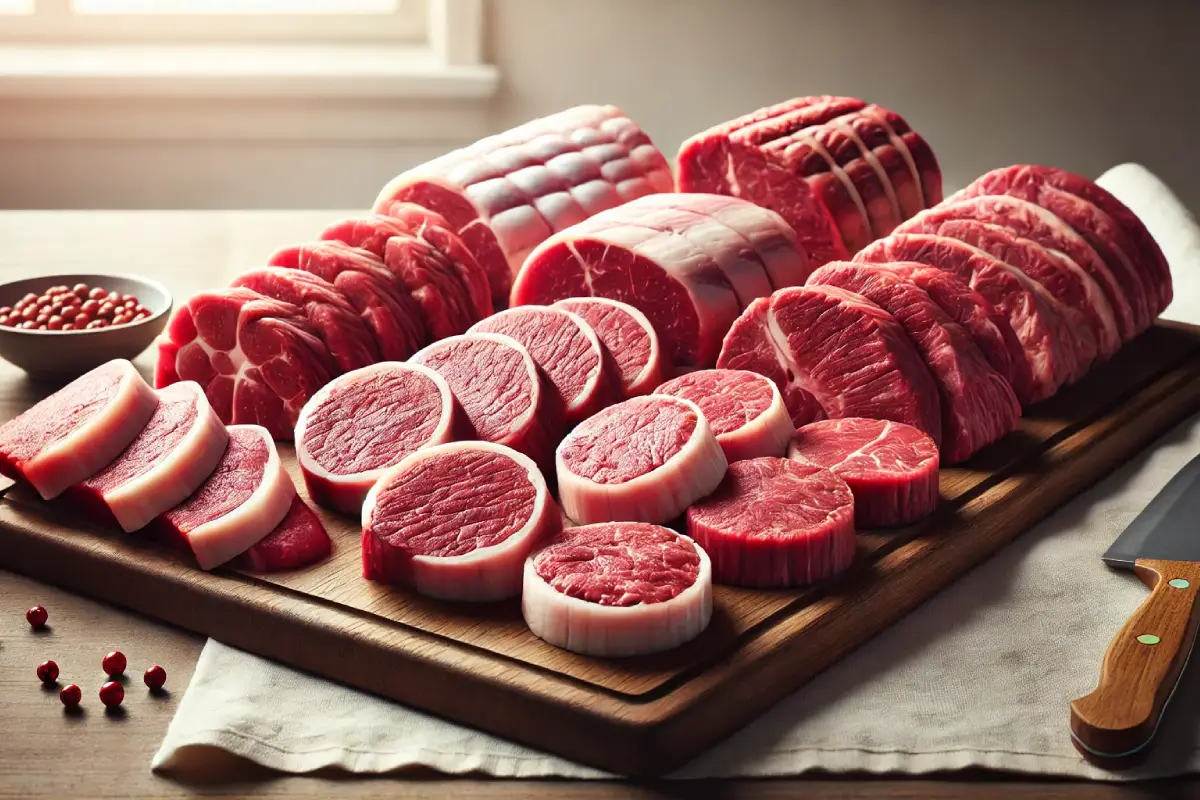 Lean cuts of beef, including eye of round and top round, neatly arranged on a wooden cutting board with minimal fat. Fresh, high-quality beef for homemade jerky preparation.