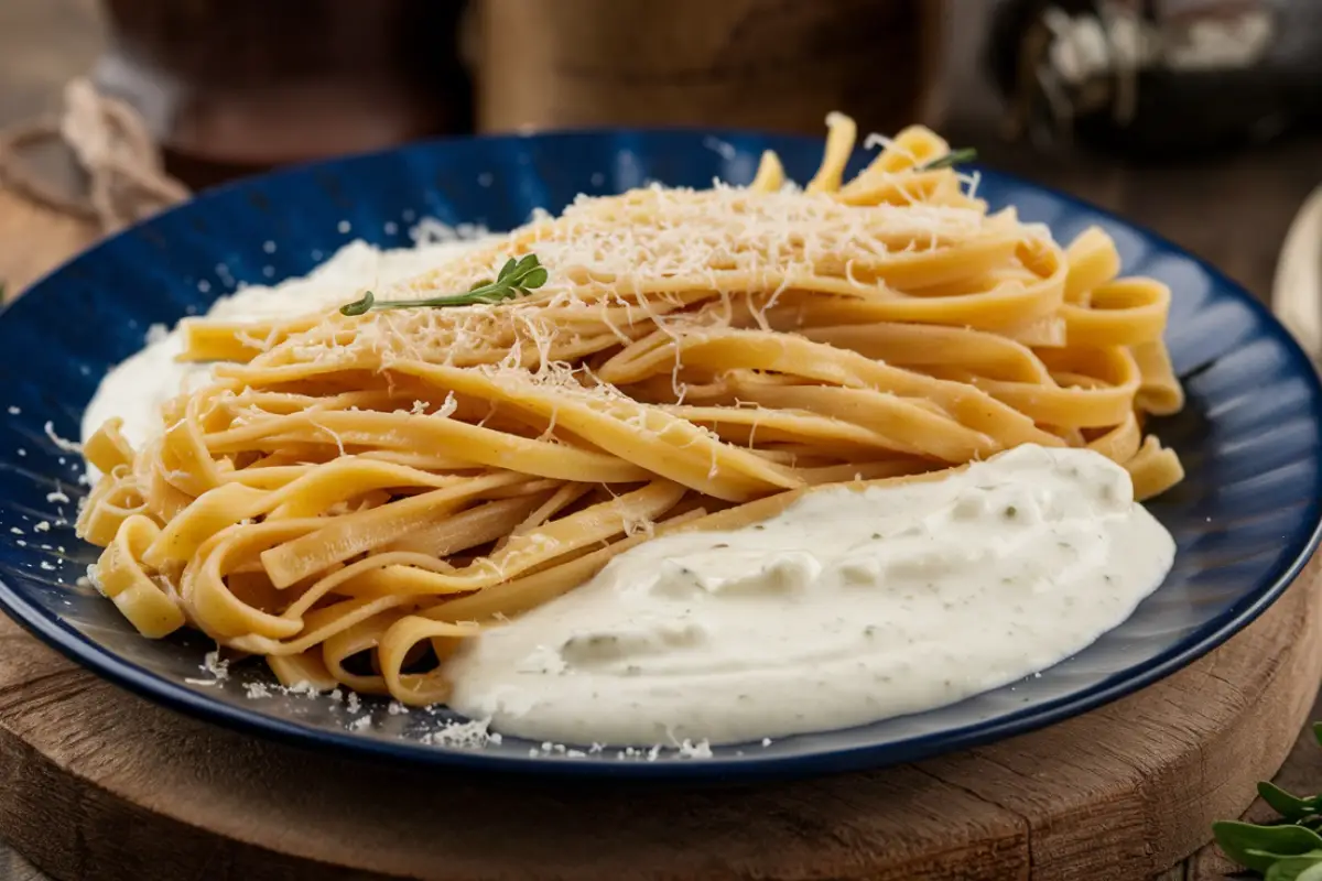 A plate of linguine pasta topped with grated Parmesan cheese, served with a creamy white sauce on the side.