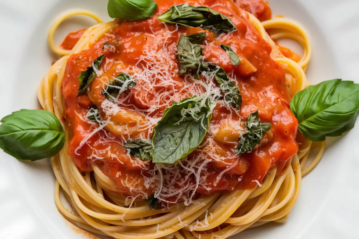 A plate of Linguine Positano pasta topped with rich tomato sauce, fresh basil leaves, and grated Parmesan cheese.