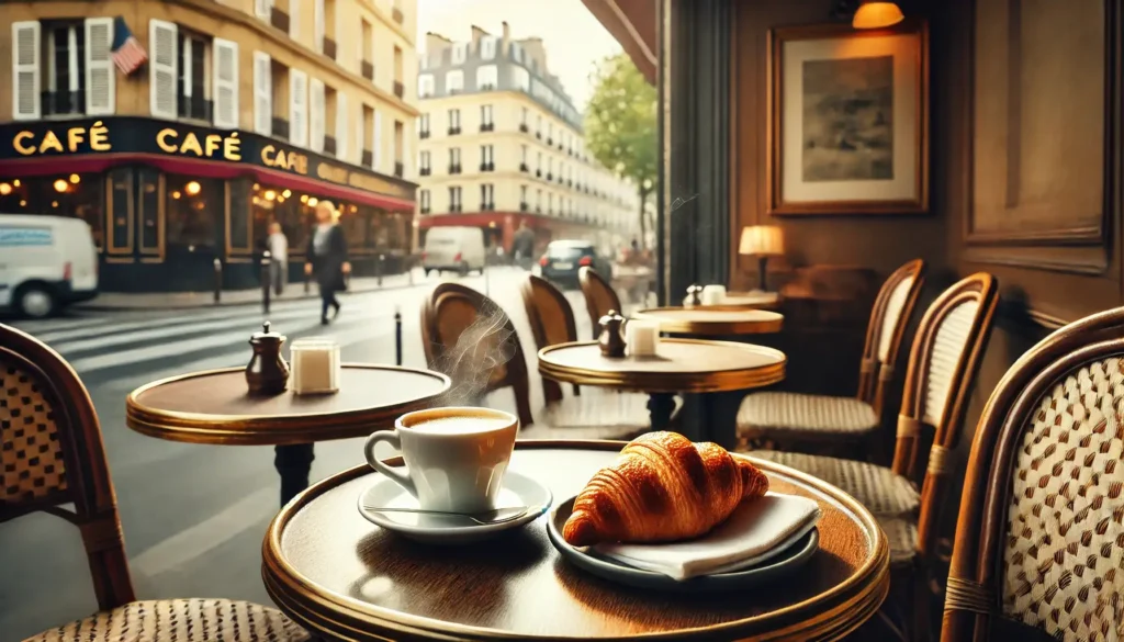 A steaming cup of coffee and a croissant on a table at a Parisian café, with a blurred view of a bustling street and classic café chairs in the background.