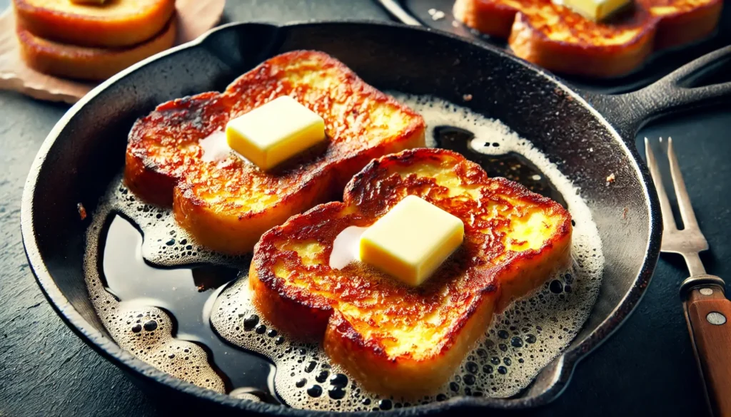 French toast slices sizzling in a buttered skillet, with golden brown edges forming during the cooking process.