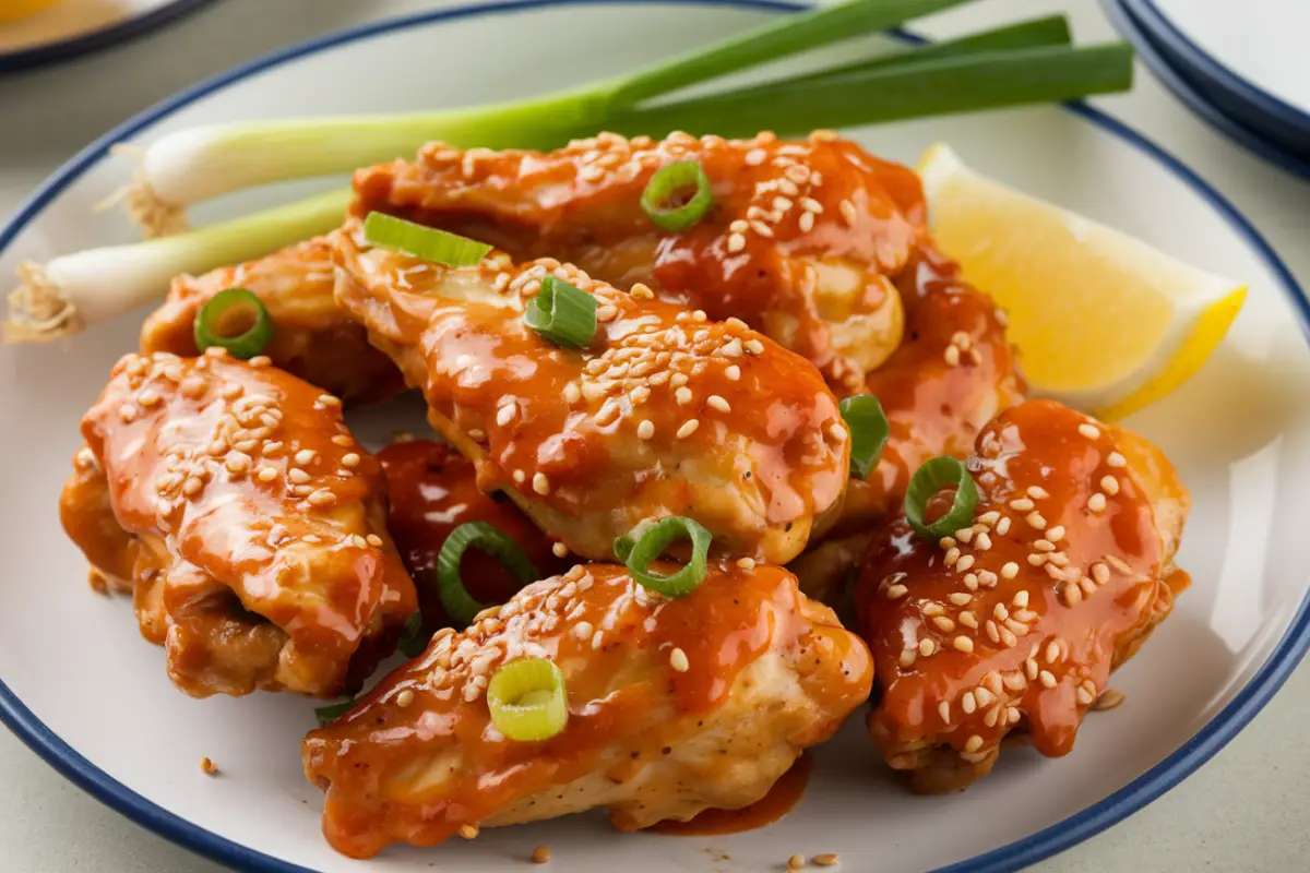 A plate of boneless chicken wings covered in spicy orange sauce, topped with sesame seeds, served with green onions and a lemon wedge on the side.