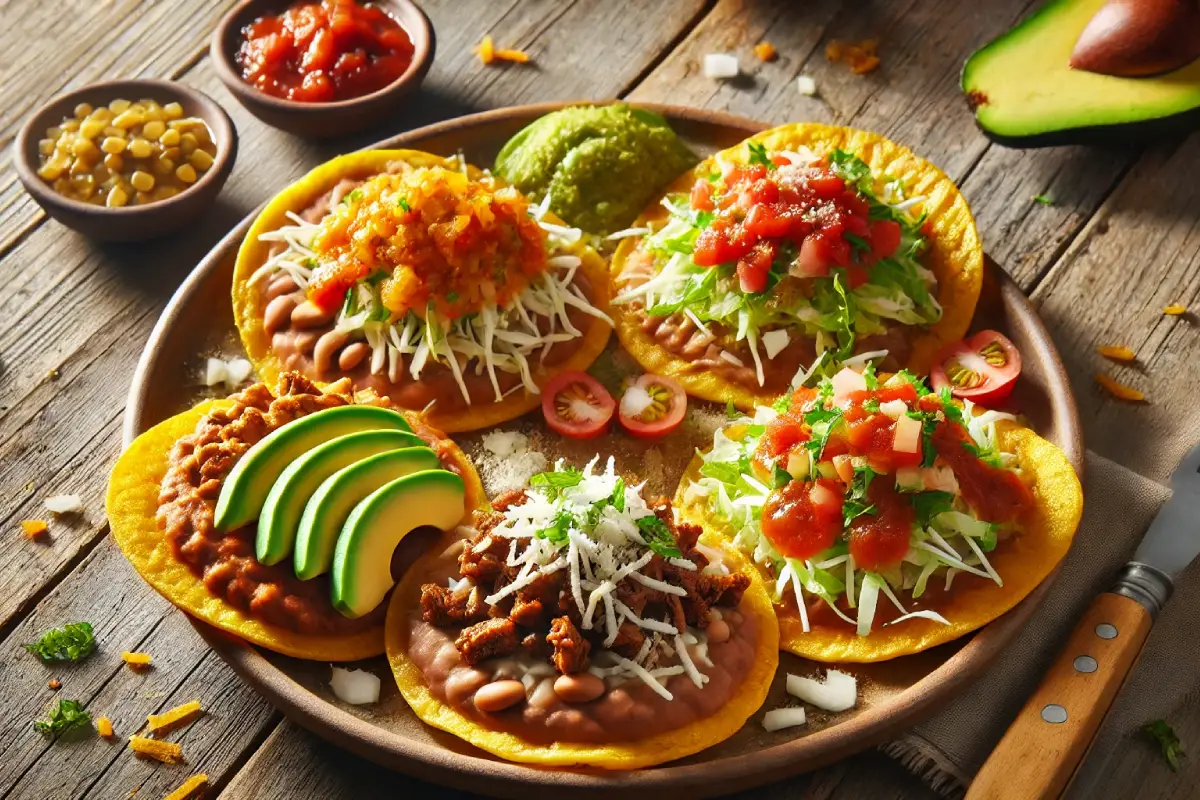 A plate of four small huaraches topped with refried beans, carne asada, cheese, salsa, shredded lettuce, and avocado slices, served on a rustic table.