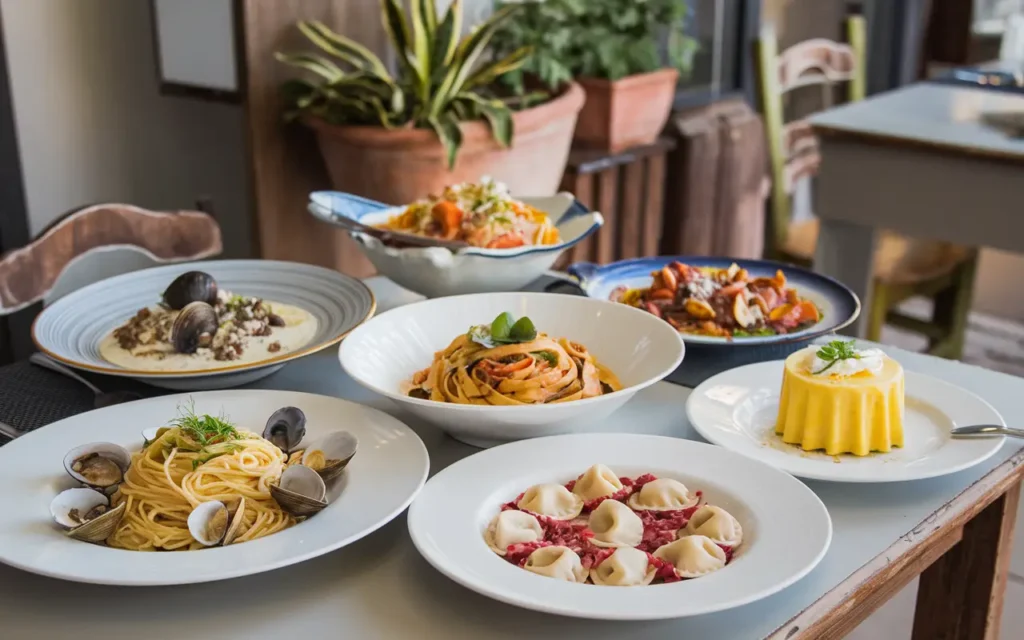 A variety of popular Positano dishes, including Linguine al Limone, Spaghetti alle Vongole, Maccheroni alla Positano, Ravioli Caprese, and Delizie al Limone, all made with fresh ingredients from the Amalfi Coast.