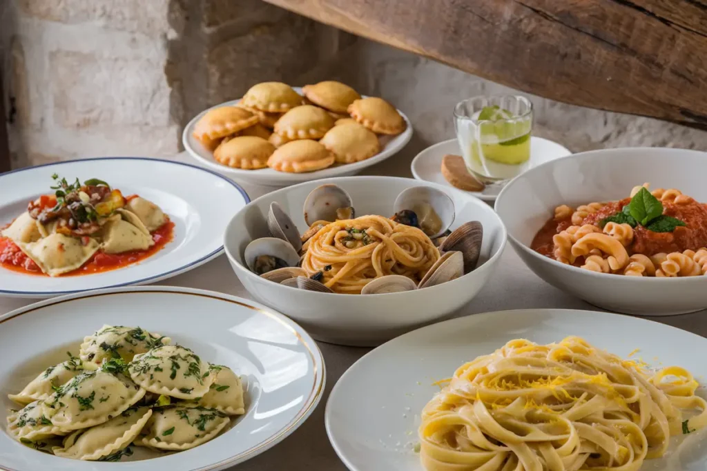 A variety of popular Positano dishes, including Linguine al Limone, Spaghetti alle Vongole, Maccheroni alla Positano, Ravioli Caprese, and Delizie al Limone, all made with fresh ingredients from the Amalfi Coast.