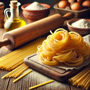 A bundle of raw bucatini pasta on a wooden kitchen countertop with flour, eggs, olive oil, and kitchen tools in the background.