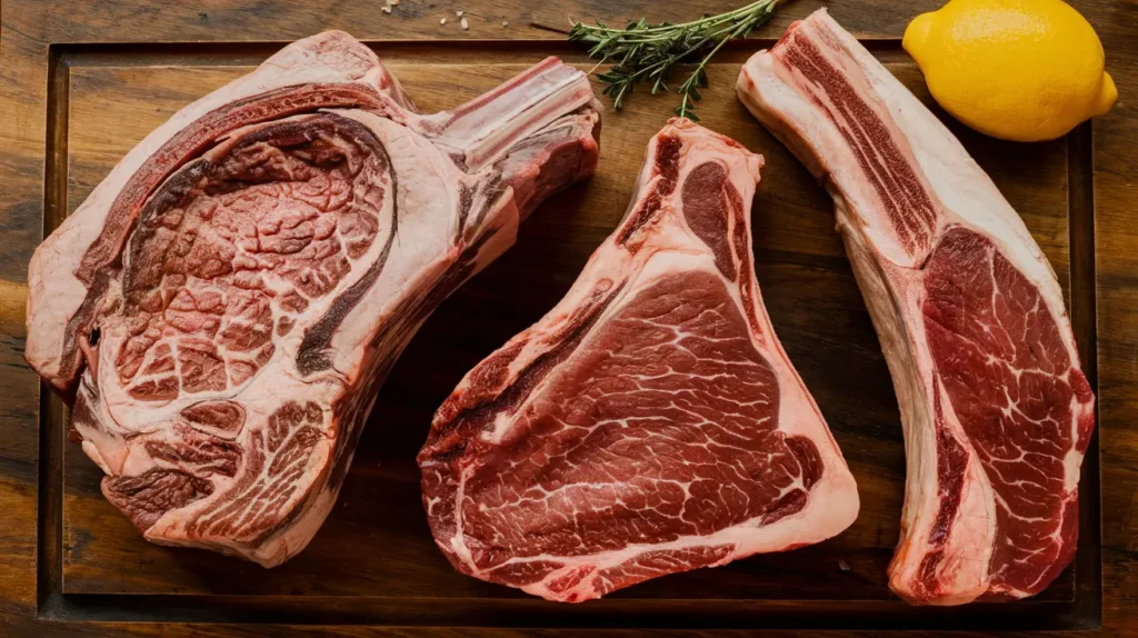 Three raw steaks—ribeye, T-bone, and sirloin—placed on a wooden cutting board with a lemon and rosemary garnish.