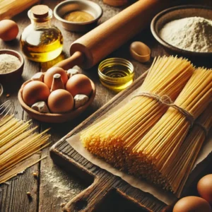 A bundle of raw spaghetti on a wooden kitchen countertop surrounded by eggs, flour, olive oil, and kitchen tools, ready for meal preparation.