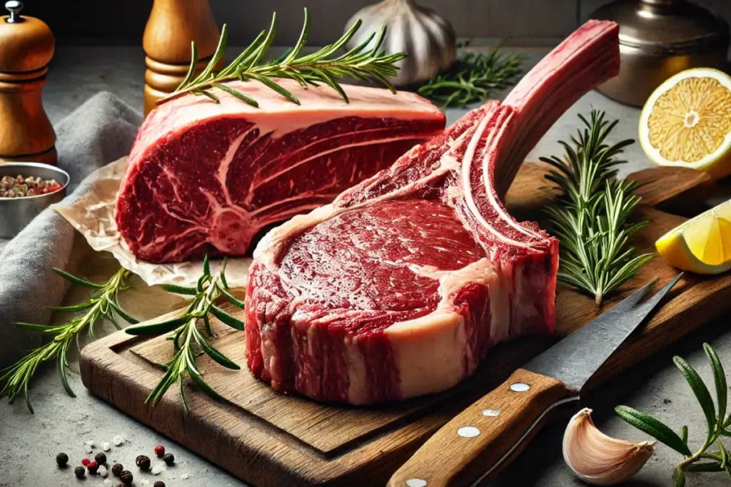 Raw tomahawk steak and ribeye steak side by side on a wooden cutting board, garnished with rosemary and lemon slices.