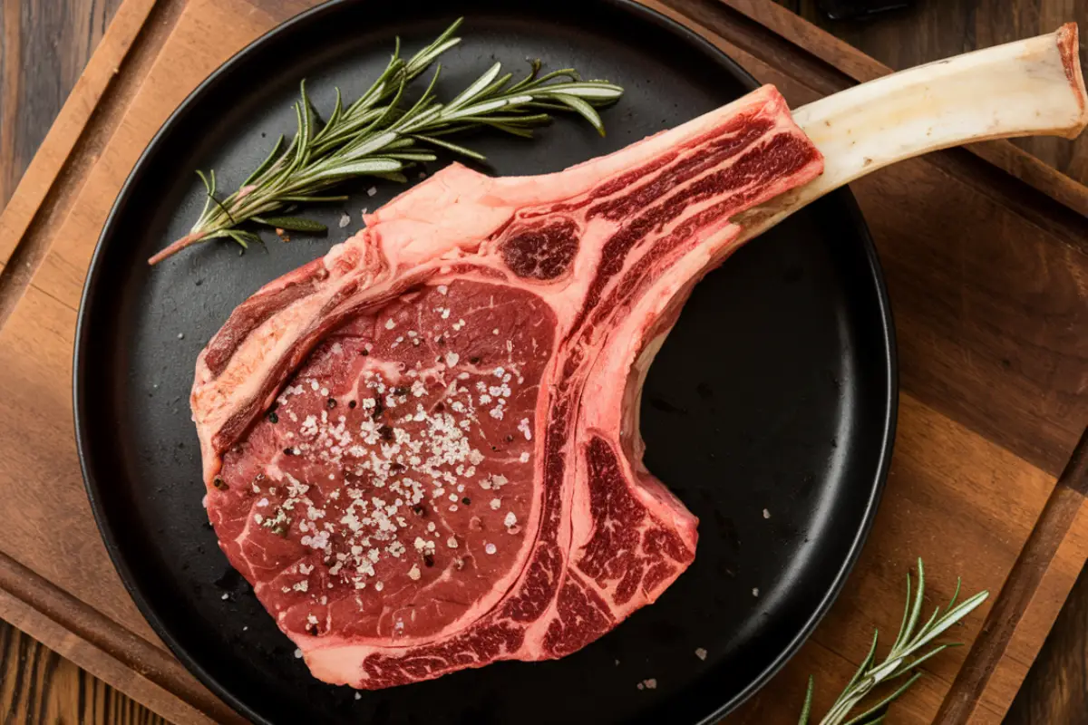 Raw tomahawk steak seasoned with salt and rosemary, placed on a black plate