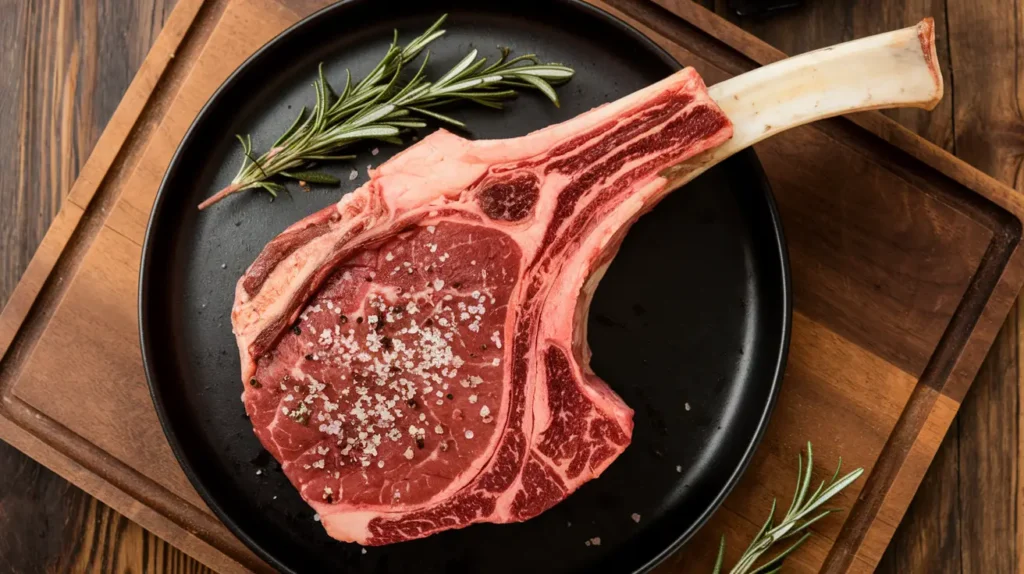 Raw tomahawk steak seasoned with salt and rosemary, placed on a black plate