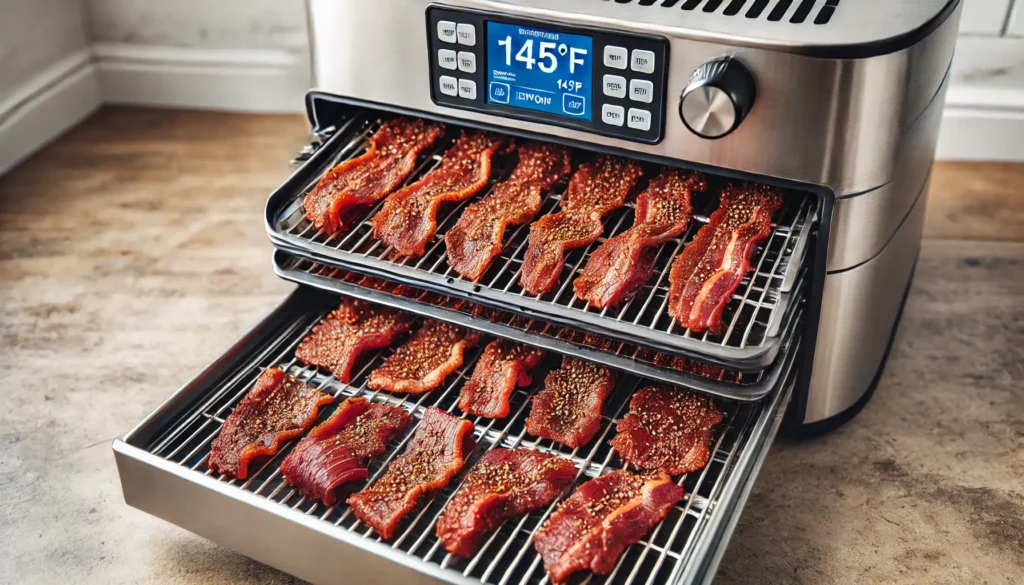 Seasoned beef strips neatly laid out in a food dehydrator, with visible airflow vents and a digital control panel showing a temperature of 145°F. The