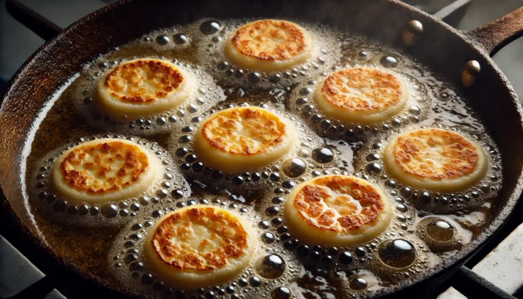 Small round sopes frying in hot oil, turning golden brown with slightly raised edges, as they become crispy in a traditional Mexican kitchen.