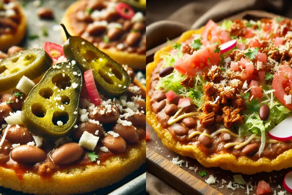 A side-by-side image of sopes and huaraches, showcasing the differences in size, toppings, and presentation of traditional Mexican street food.