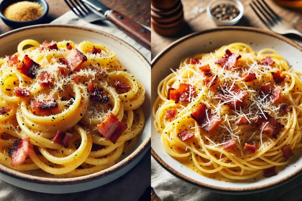 A side-by-side comparison of bucatini and spaghetti carbonara dishes, each served with creamy carbonara sauce, crispy pancetta, grated Parmesan, and black pepper.