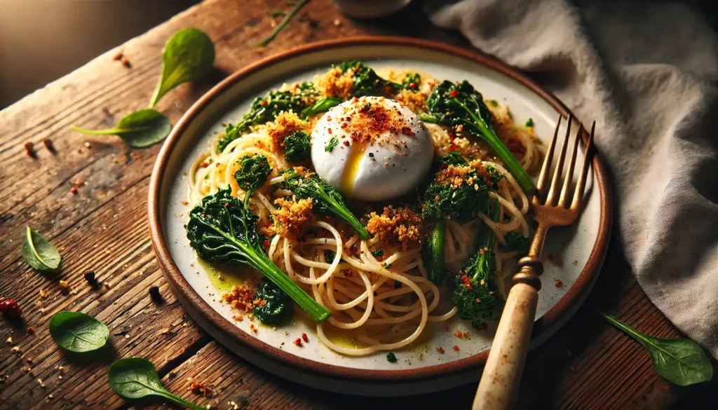 A plate of spaghetti topped with burrata cheese, broccoli rabe, and crispy breadcrumbs, served on a rustic wooden table.