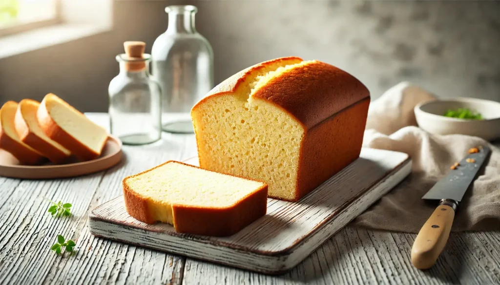 The cake being assembled—one layer of golden sponge cake is being spread with strawberry jam and topped with fresh sliced strawberries