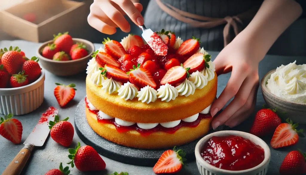 The cake being assembled—one layer of golden sponge cake is being spread with strawberry jam and topped with fresh sliced strawberries