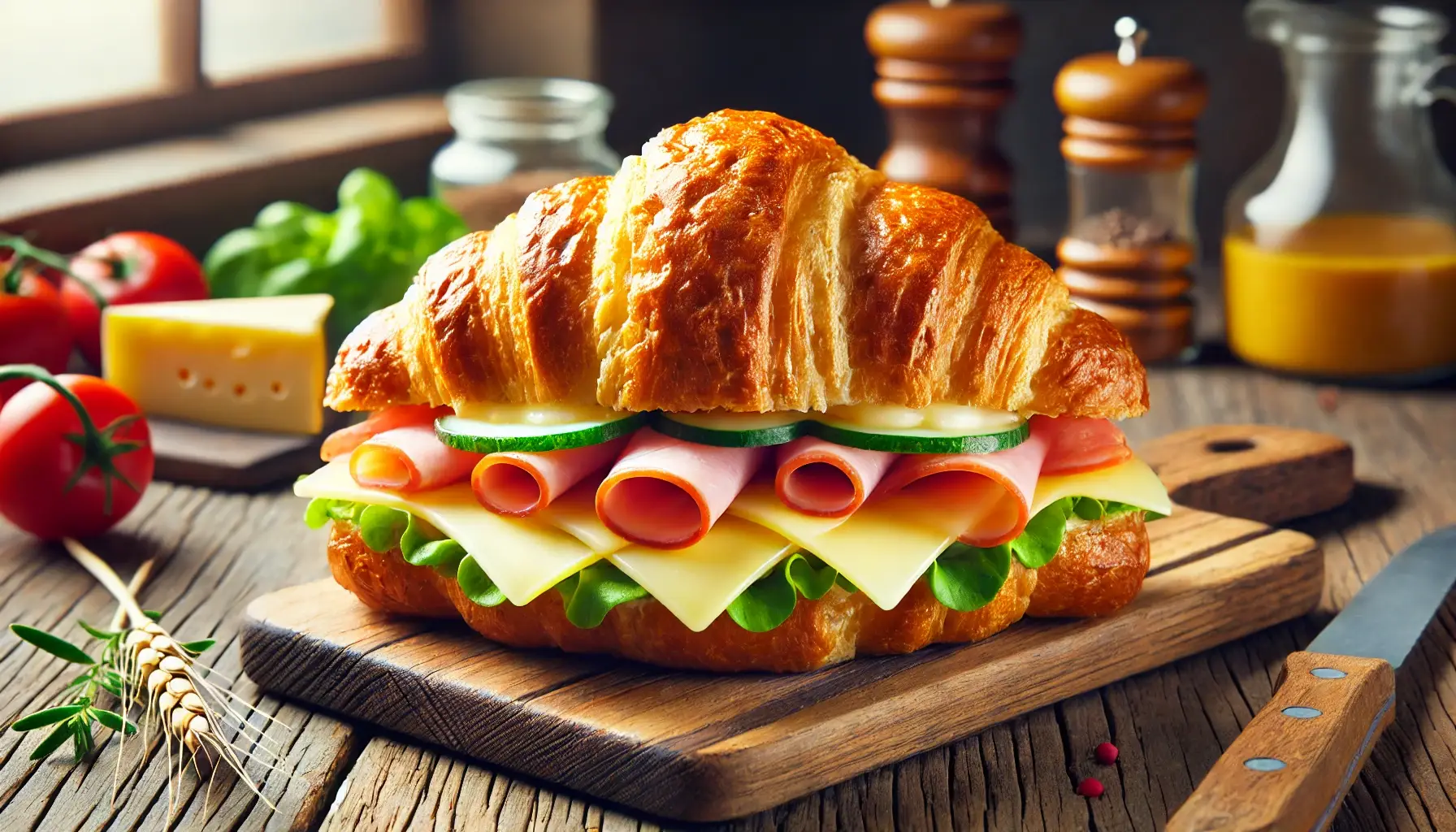 A toasted croissant sandwich filled with ham, cheese, lettuce, and cucumber, placed on a wooden cutting board in a rustic kitchen setting.