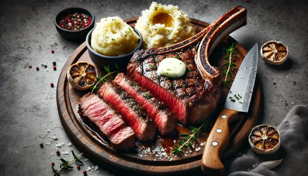 A cooked and sliced tomahawk steak served with mashed potatoes and topped with herb butter on a rustic wooden board.