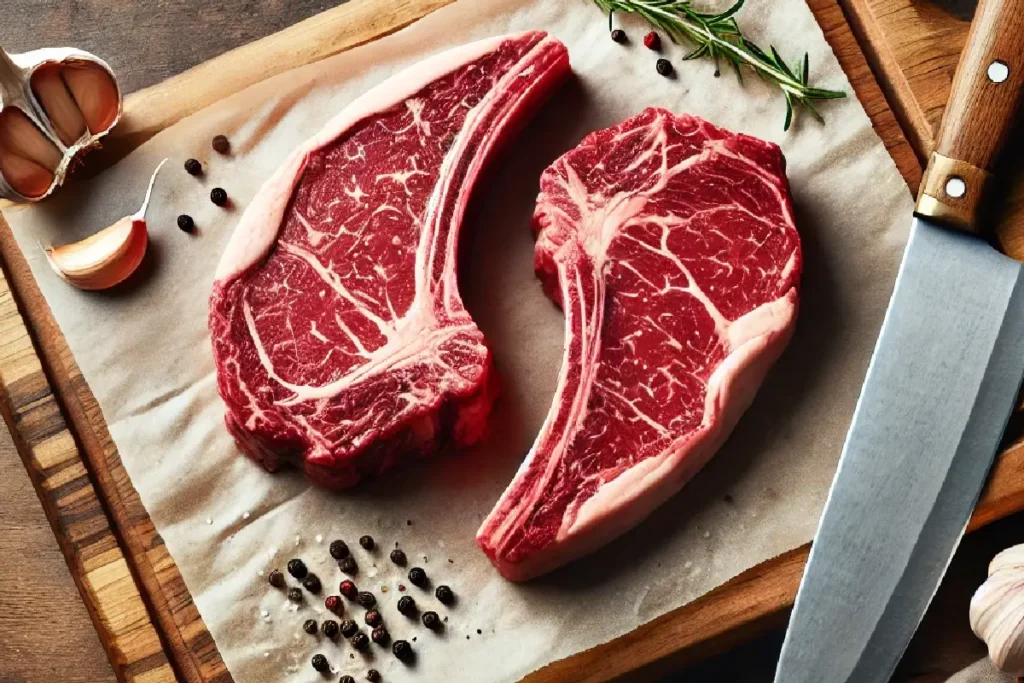 Two seasoned tomahawk steaks with salt and pepper on a wooden board, accompanied by garlic, butter, and rosemary, ready for grilling.