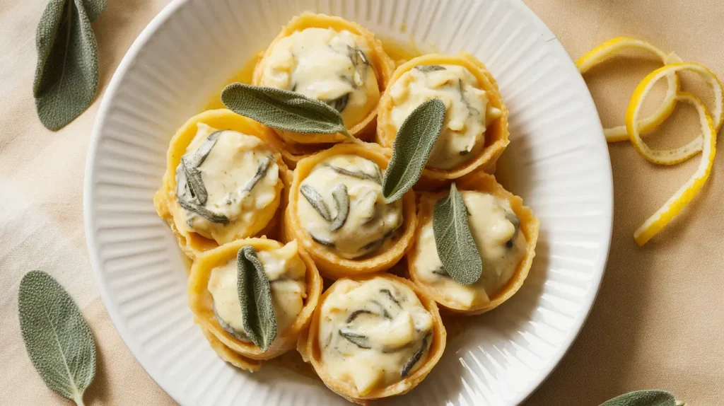 A plate of tortellacci pasta topped with a creamy sage butter sauce and garnished with fresh sage leaves.