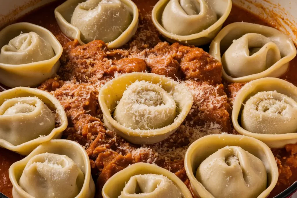 A close-up of tortellacci pasta served in a rich tomato sauce, topped with grated Parmesan cheese.