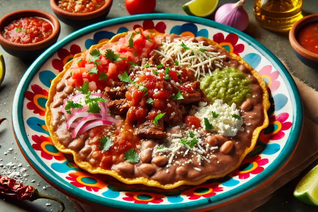 Close-up of a traditional Mexican huarache topped with refried beans, crumbled cheese, salsa, and carne asada, served on a colorful Mexican-style plate.