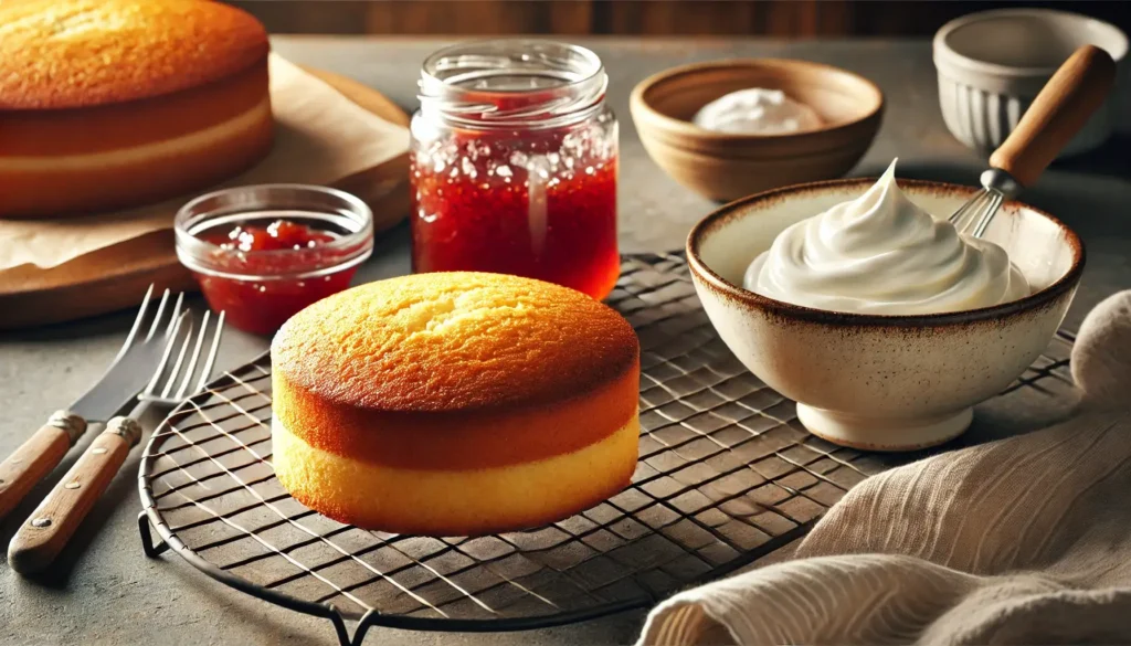 Two golden-brown cake layers cooling on a wire rack. Next to the rack is a small jar of strawberry jam and a bowl of freshly whipped cream, ready to bake