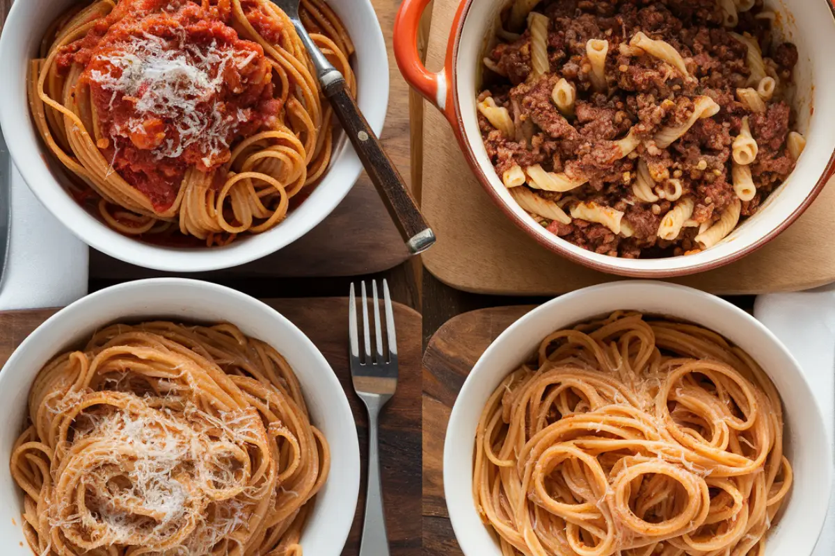 A selection of bucatini pasta dishes, including Bucatini all'Amatriciana, Bucatini with Garlic Butter, Bucatini Bolognese, and Bucatini Cacio e Pepe, served in white bowls with grated cheese.