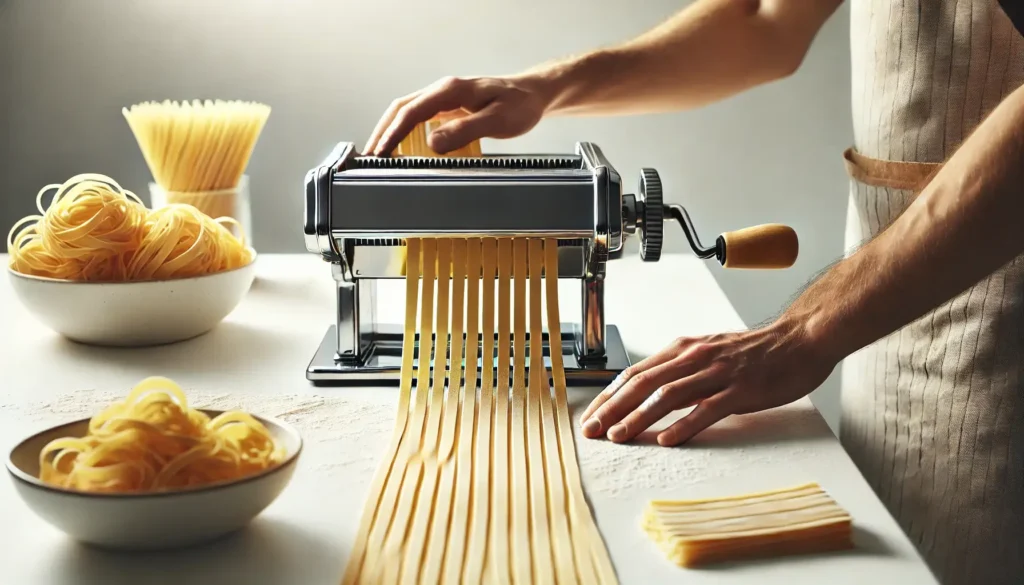 A person using a pasta machine to create long, flat strips of fresh pasta in one continuous sheet, collected by hand on a clean white countertop.