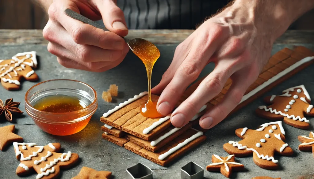 assembling the edges of gingerbread pieces, using melted sugar to form a quick-drying bond. The sugar is golden brown and hot.