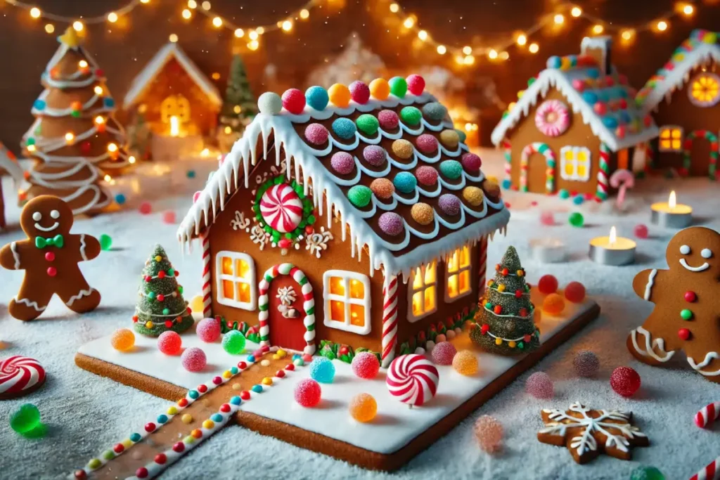 A beautifully decorated gingerbread house on a snowy surface, surrounded by festive decorations like candy canes, gumdrops, and Christmas lights, with warm holiday lighting.