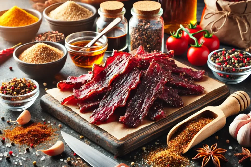 Close-up of thinly sliced beef strips on a cutting board, surrounded by soy sauce, brown sugar, garlic, and red pepper flakes, ready for homemade jerky preparation.