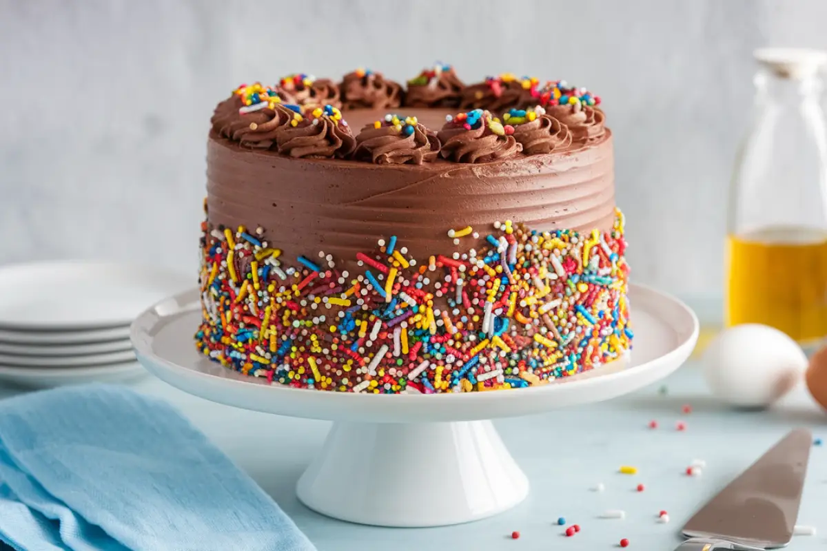 A beautifully decorated birthday cake with colorful frosting and sprinkles on a white cake stand.