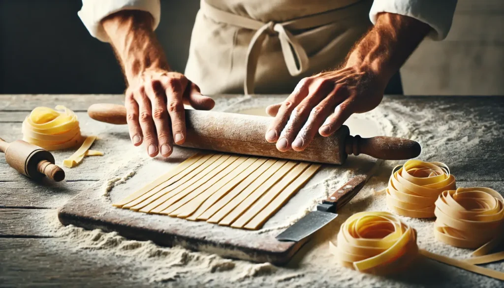 A chef rolling out pasta dough and cutting it into long, flat strips, showcasing the process of making linguine by hand.