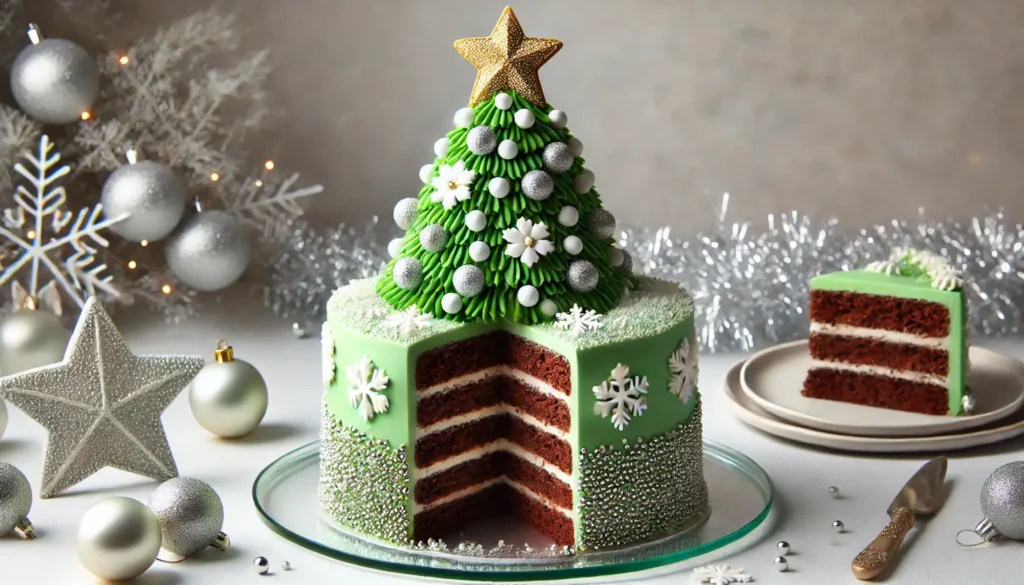 christmas tree-shaped cake with green frosting and decorated with silver edible beads, white snowflakes, and a gold star on top. A slice is cut out.